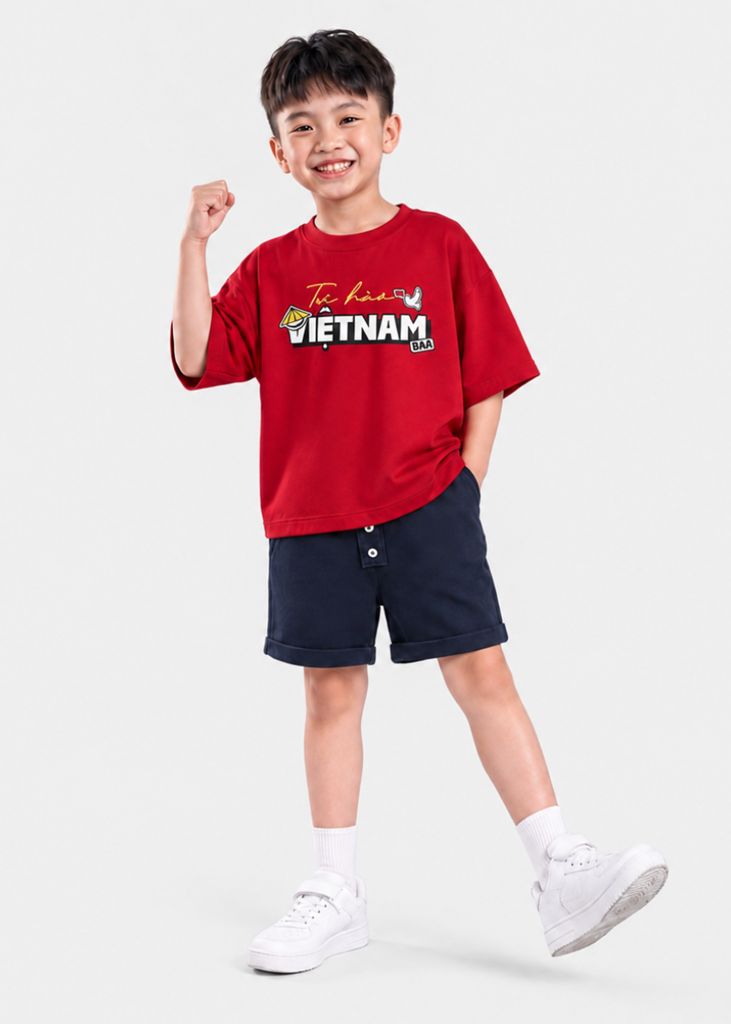 Bộ Áo Thun Form Rộng Và Quần Short Da Cá Bé Trai (Đỏ Tự Hào Việt Nam + Xanh Navy)