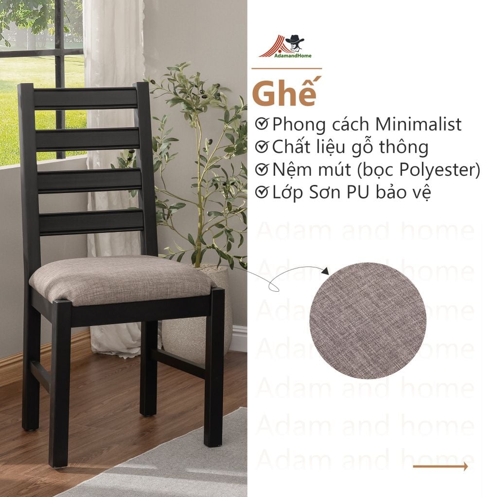 Bộ Bàn Ăn 6 Ghế Kèm Nệm và 1 Bàn 1m6 - Indoor Dining Set Black With Cushion