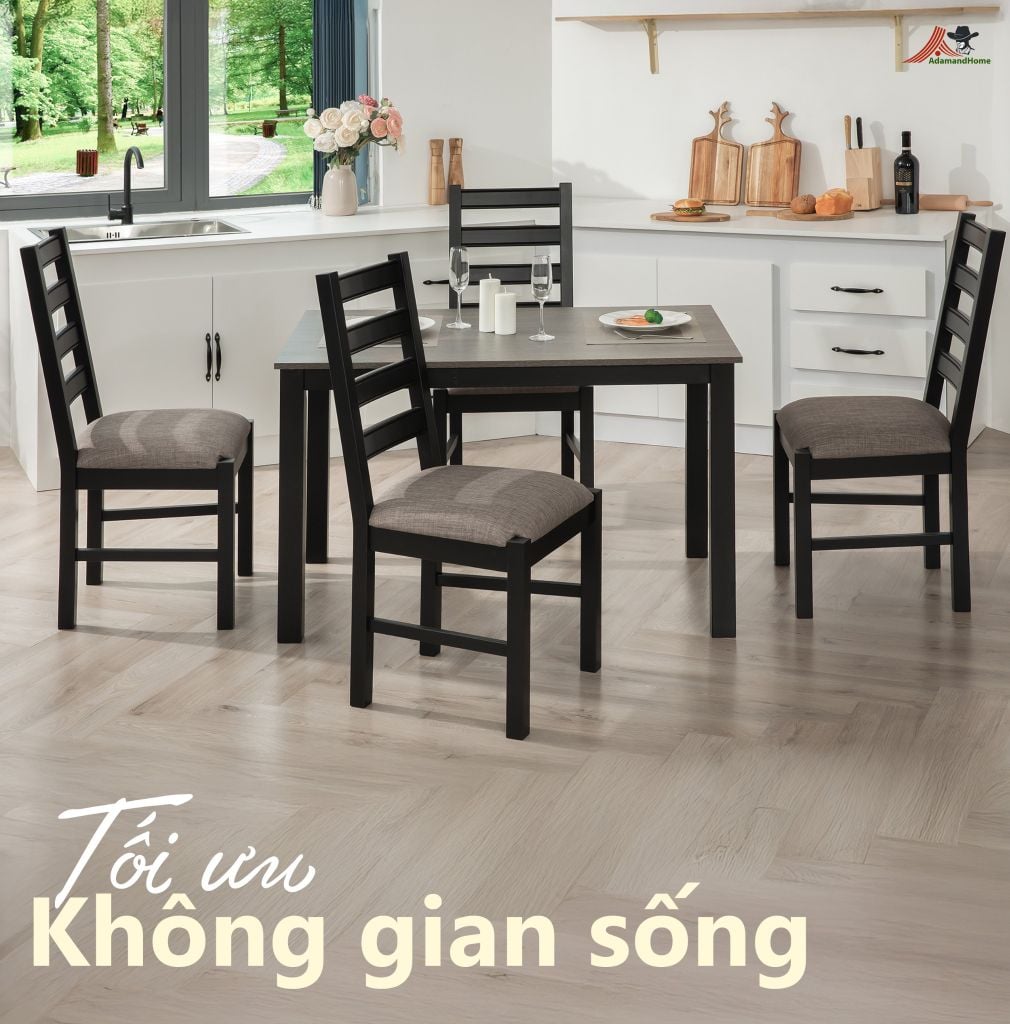 Bộ Bàn Ghế Ăn 4 Ghế Kèm Nệm và 1 Bàn 1m15 - Indoor Dining Set Black With Cushion