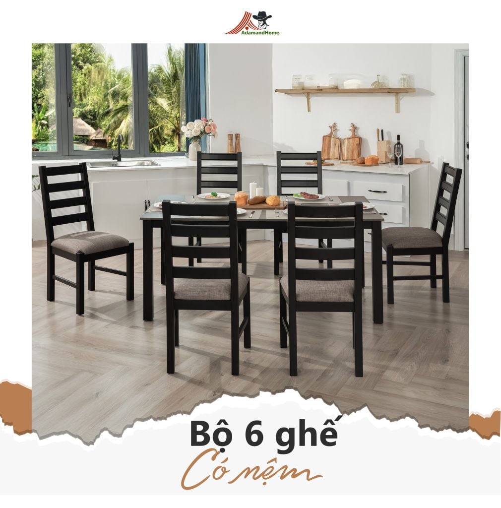 Bộ Bàn Ăn 6 Ghế Kèm Nệm và 1 Bàn 1m6 - Indoor Dining Set Black With Cushion