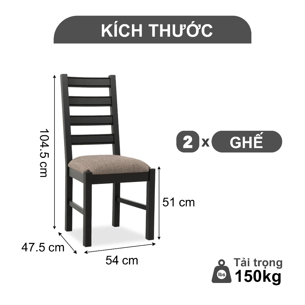 Ghế Ăn Gỗ Tràm Kèm Nệm Tựa Lưng Cao Cấp (Set 2 cái) - Dining Chair Black With Cushion