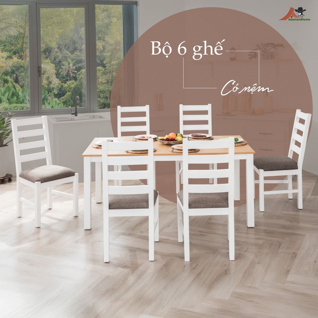 Bộ Bàn Ăn 6 Ghế Kèm Nệm và 1 Bàn 1m6 - Indoor Dining Set White With Cushion
