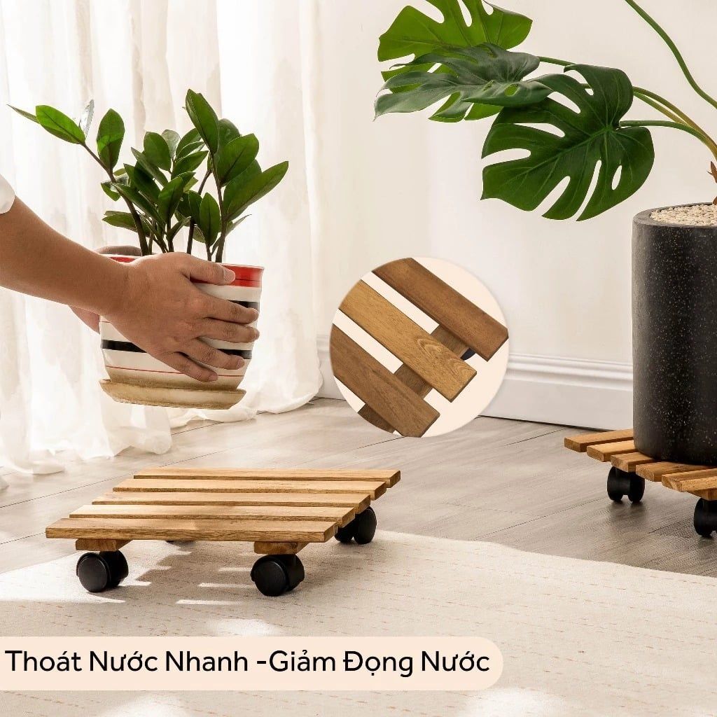 Combo 2 Đế Chậu Cây Vuông Có Bánh Xe – Square Wooden Plant Caddy