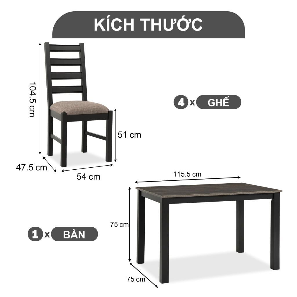 Bộ Bàn Ghế Ăn 4 Ghế Kèm Nệm và 1 Bàn 1m15 - Indoor Dining Set Black With Cushion