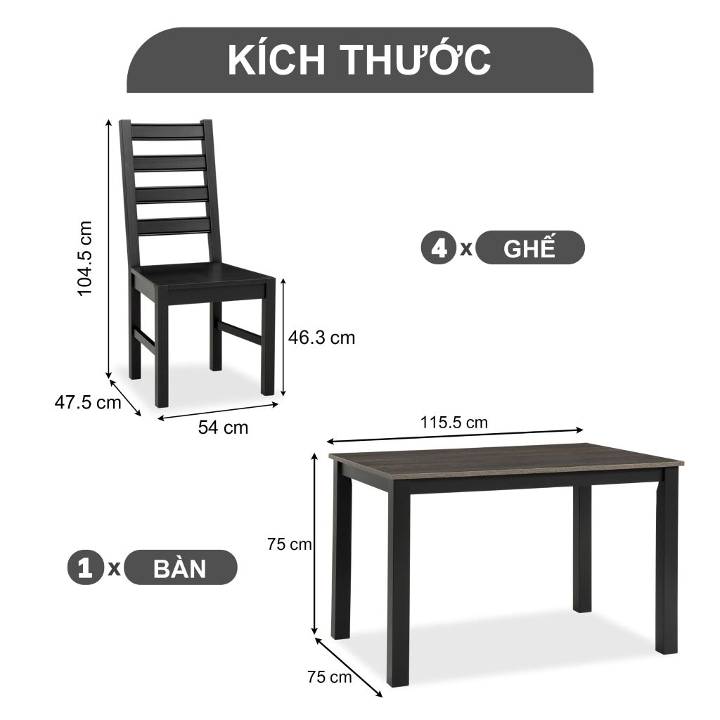 Bộ Bàn Ghế Ăn 4 Ghế và 1 Bàn 1m15 - Indoor Dining Set Black