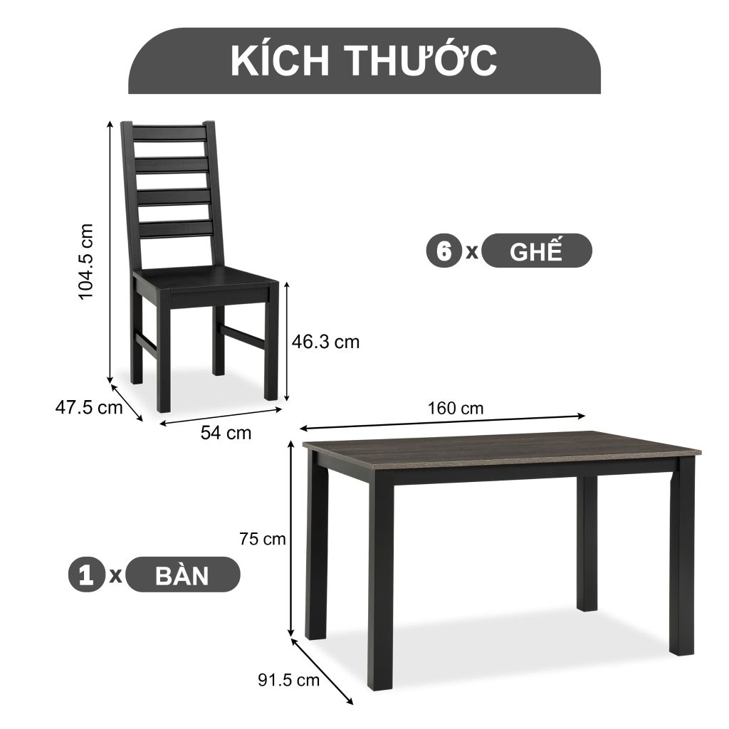 Bộ Bàn Ghế Ăn 6 Ghế và 1 Bàn 1m6 - Indoor Dining Set Black