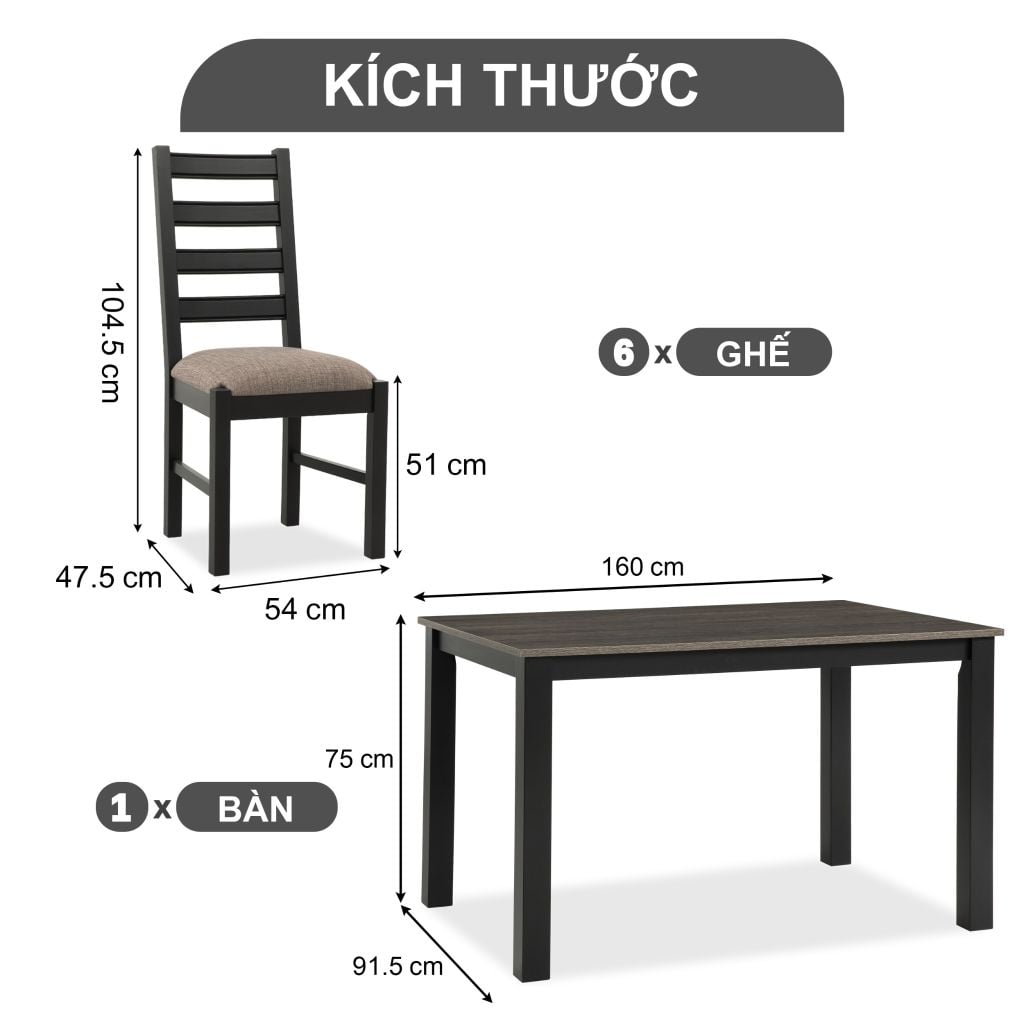 Bộ Bàn Ăn 6 Ghế Kèm Nệm và 1 Bàn 1m6 - Indoor Dining Set Black With Cushion