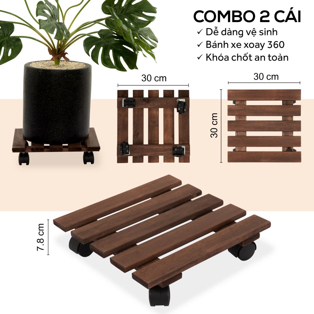 Combo 2 Đế Chậu Cây Vuông Có Bánh Xe – Square Wooden Plant Caddy