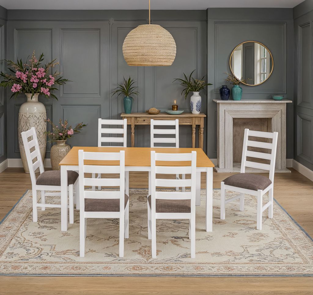 Bộ Bàn Ăn 6 Ghế Kèm Nệm và 1 Bàn 1m6 - Indoor Dining Set White With Cushion