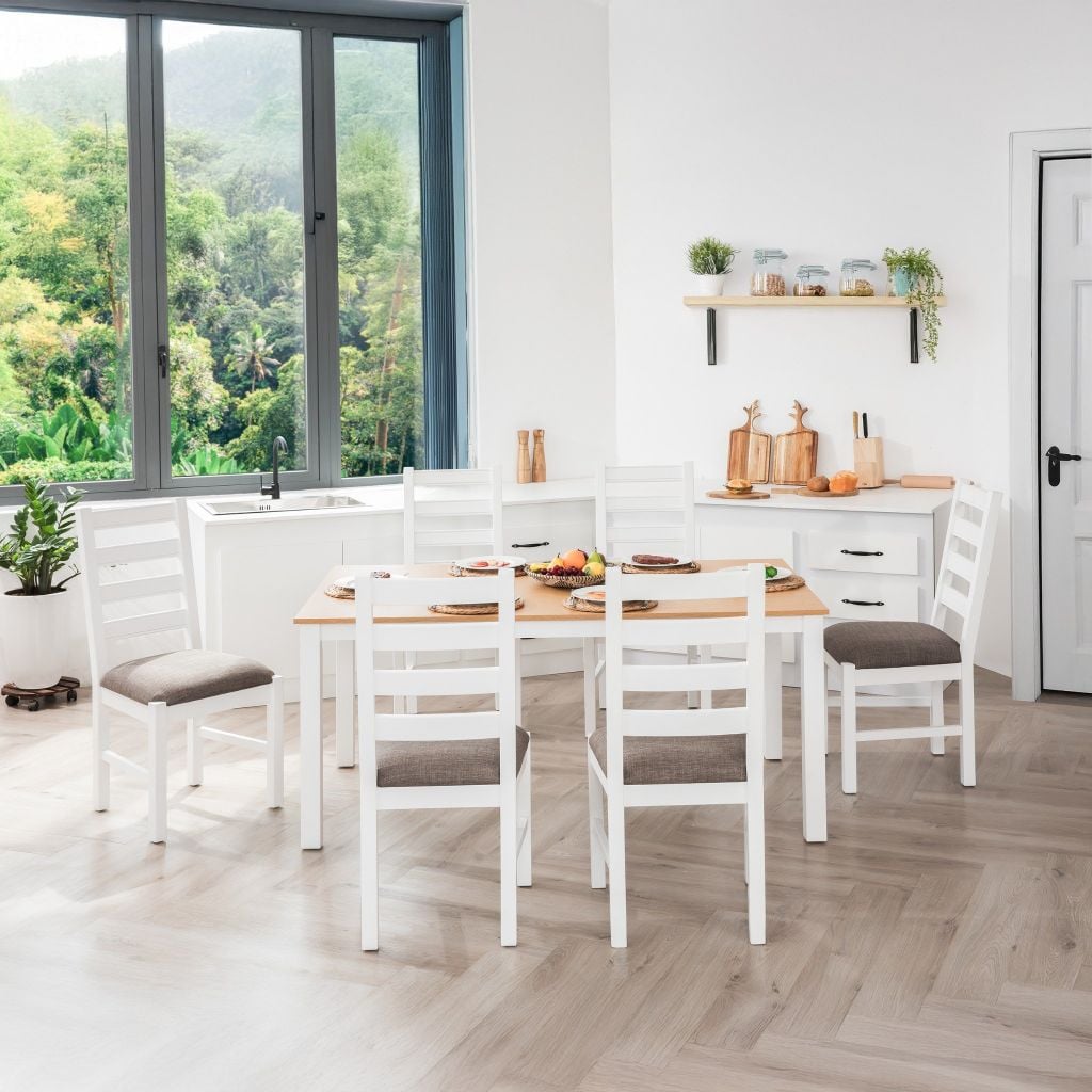 Bộ Bàn Ăn 6 Ghế Kèm Nệm và 1 Bàn 1m6 - Indoor Dining Set White With Cushion