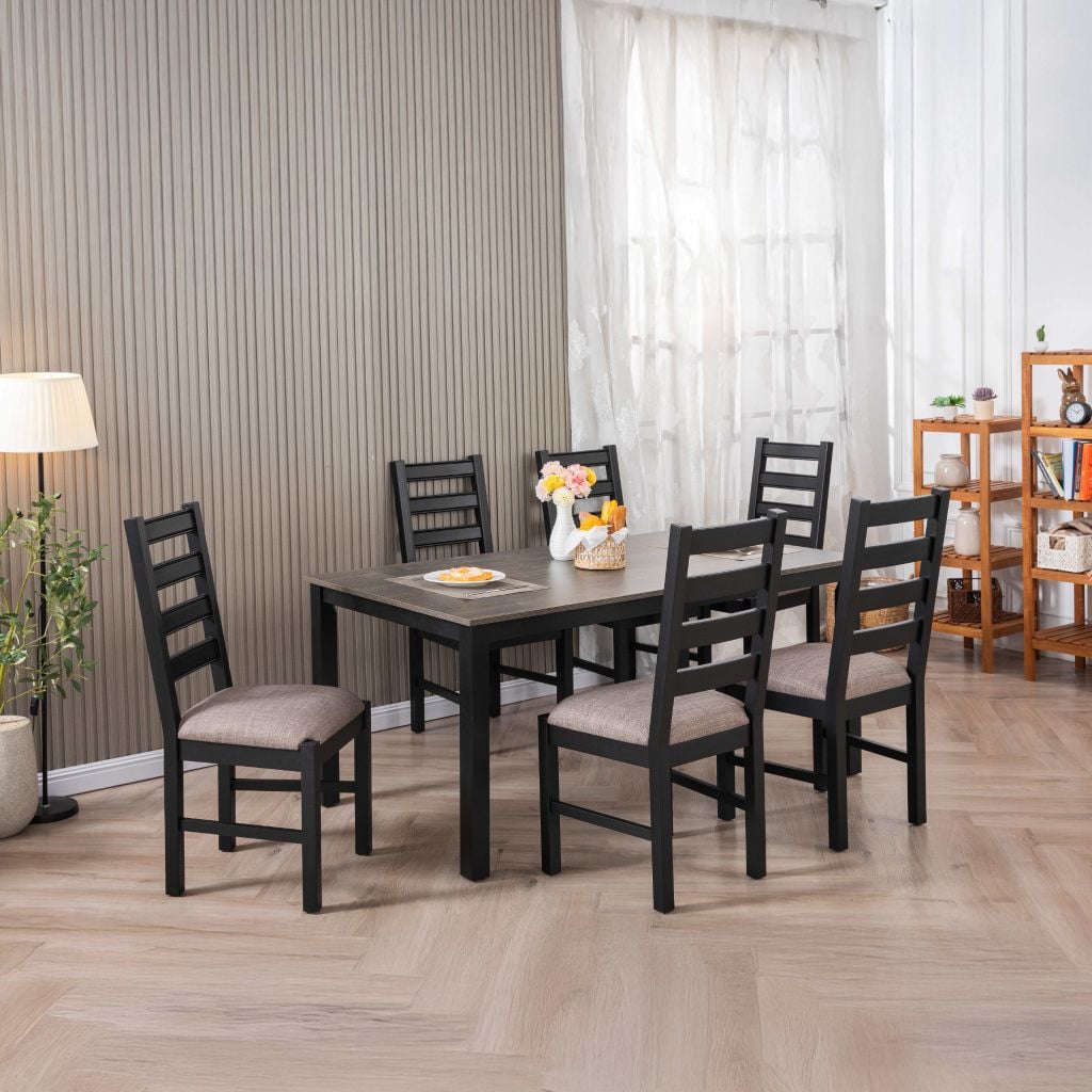 Bộ Bàn Ăn 6 Ghế Kèm Nệm và 1 Bàn 1m6 - Indoor Dining Set Black With Cushion