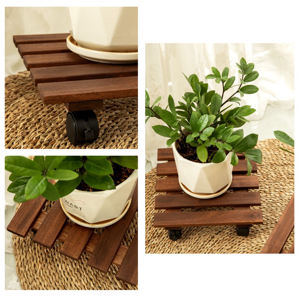 Combo 2 Đế Chậu Cây Vuông Có Bánh Xe – Square Wooden Plant Caddy