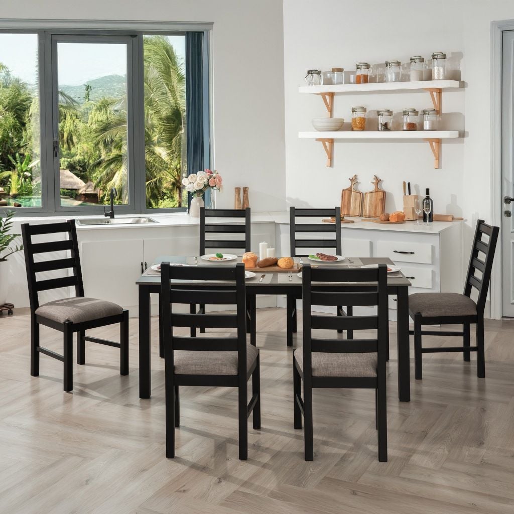 Bộ Bàn Ăn 6 Ghế Kèm Nệm và 1 Bàn 1m6 - Indoor Dining Set Black With Cushion