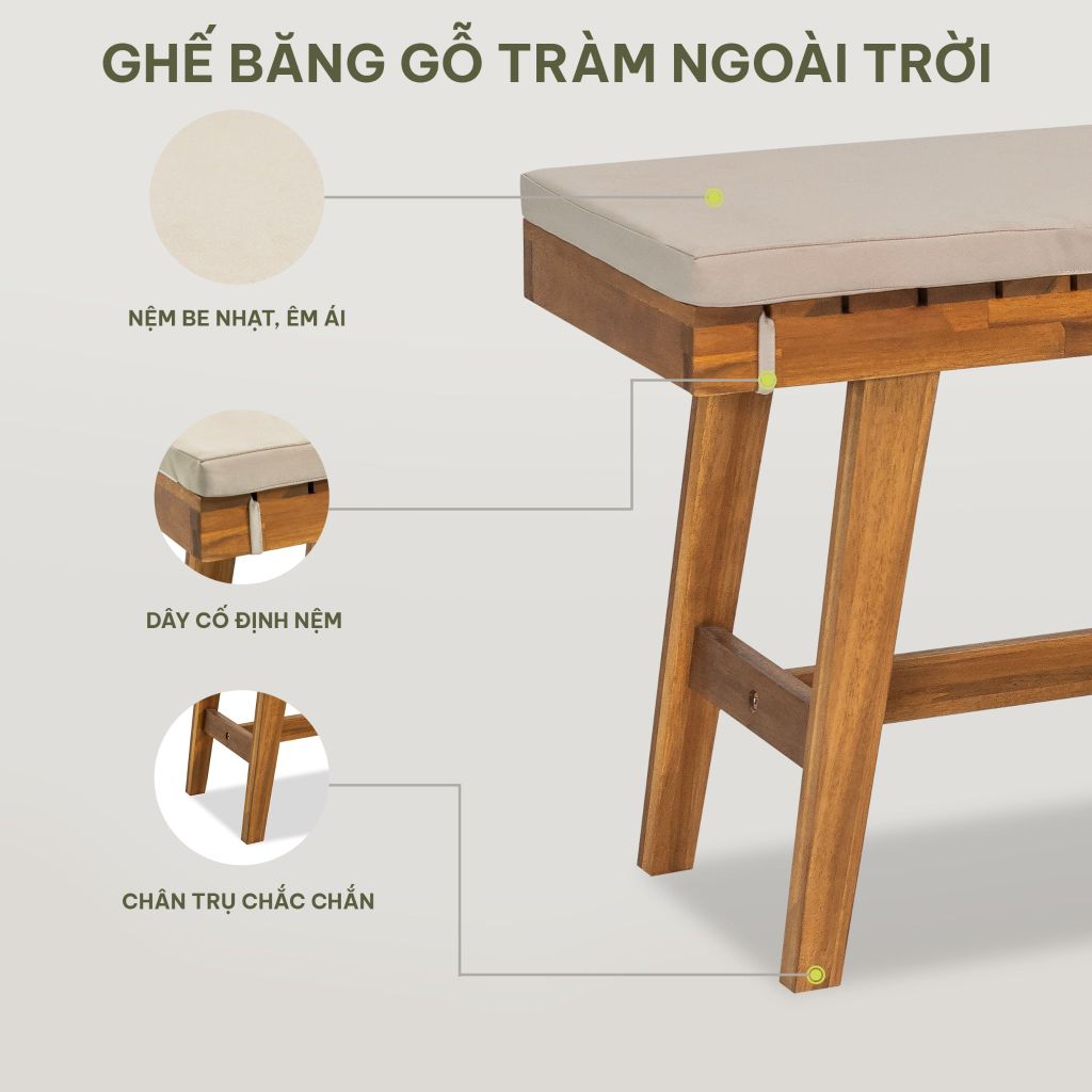 Ghế Băng Gỗ Tràm Ngoài Trời Kèm Nệm Cao Cấp 110cm - Patio Bench