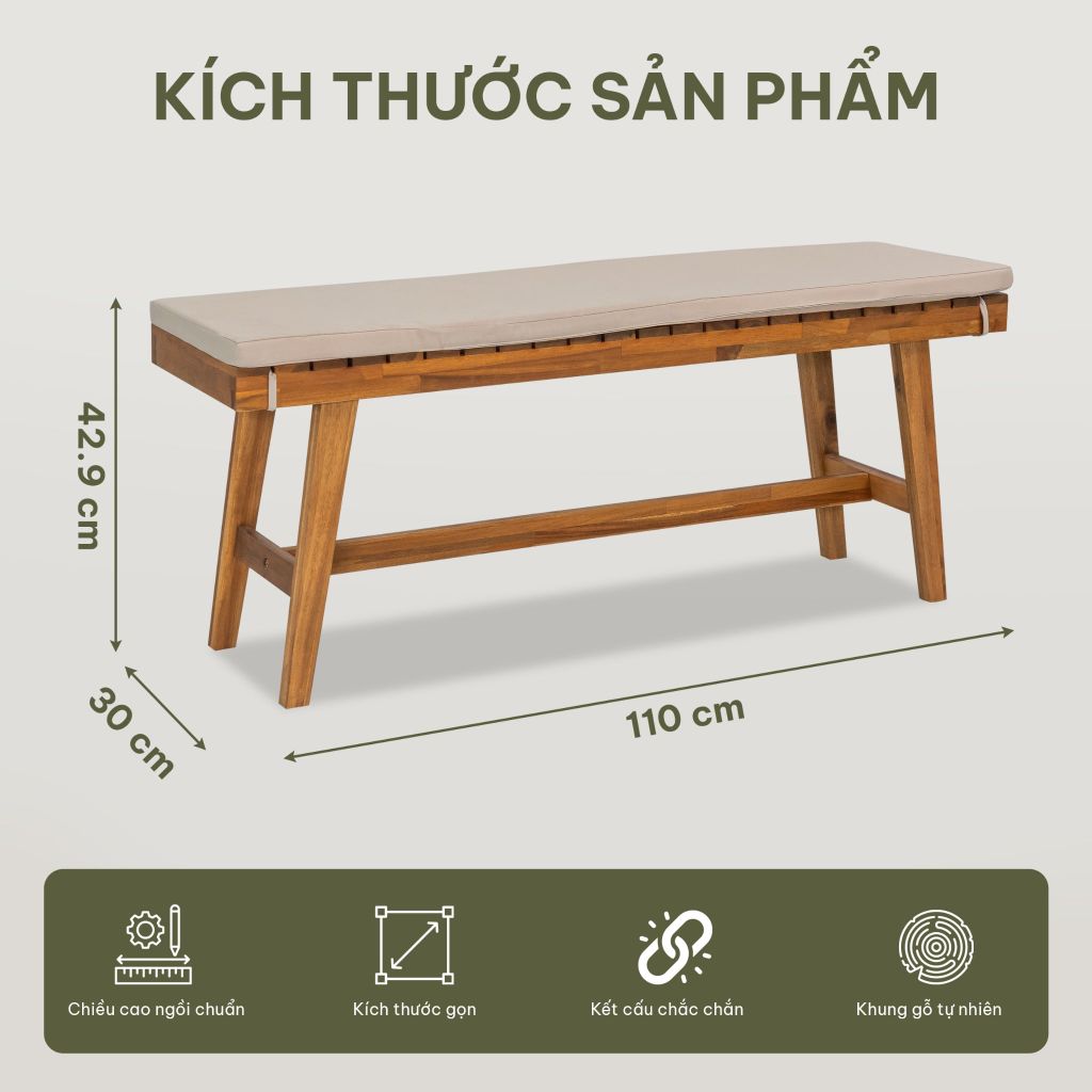 Ghế Băng Gỗ Tràm Ngoài Trời Kèm Nệm Cao Cấp 110cm - Patio Bench
