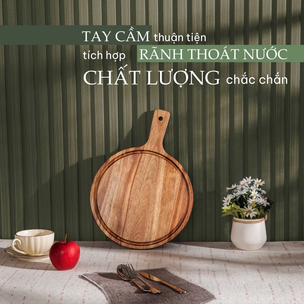 Thớt Gỗ Tròn Có Tay Cầm - Round Chopping Board