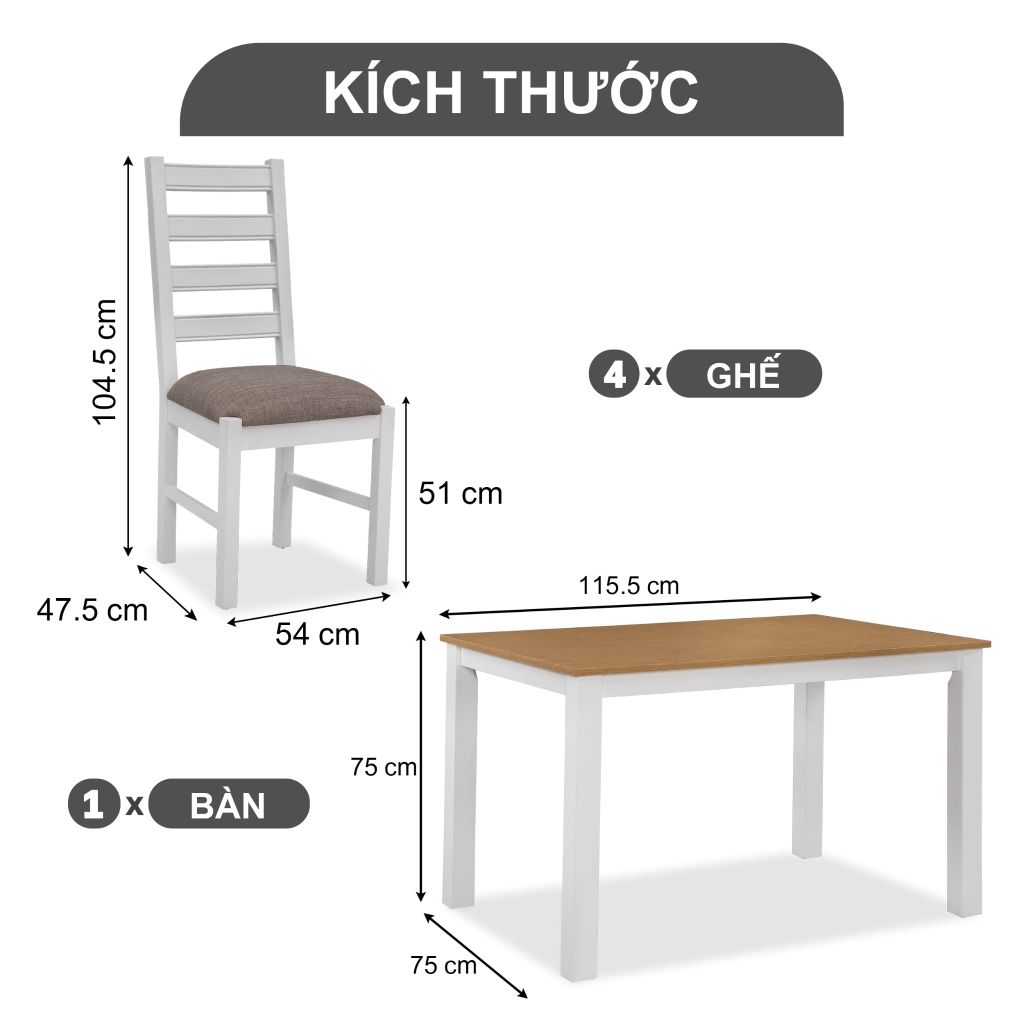 Bộ Bàn Ghế Ăn 4 Ghế Kèm Nệm và 1 Bàn 1m15 - Indoor Dining Set White With Cushion