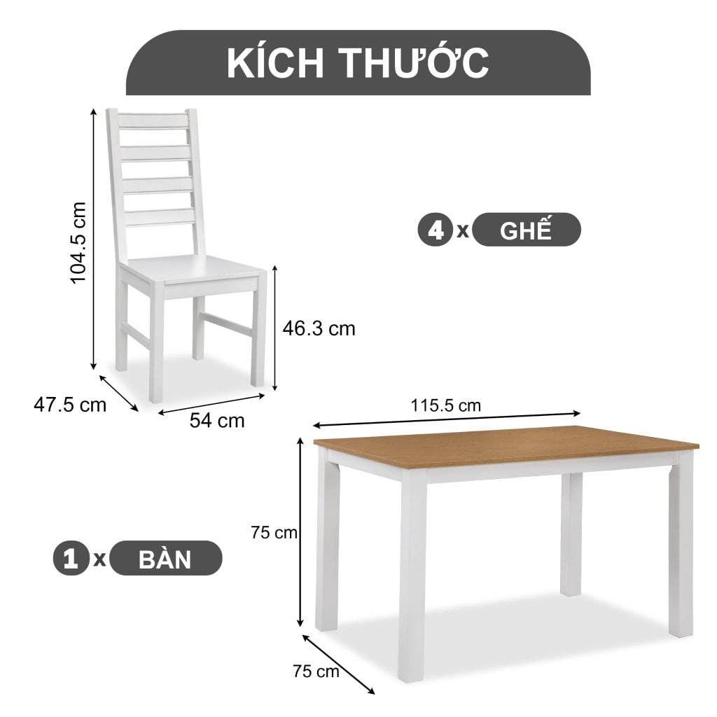 Bộ Bàn Ghế Ăn 4 Ghế và 1 Bàn 1m15 - Indoor Dining Set White