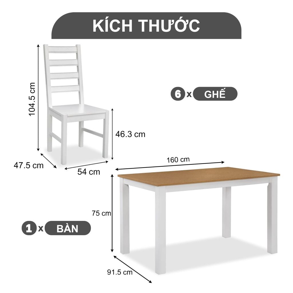 Bộ Bàn Ghế Ăn 6 Ghế và 1 Bàn 1m6 - Indoor Dining Set White