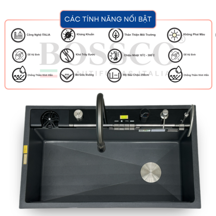 Chậu rửa chén Bossco BC-C8652XĐ 1 hộc xám đen