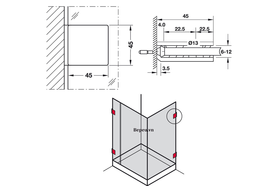 Kẹp kính phòng tắm Hafele 499.05.816 90 độ
