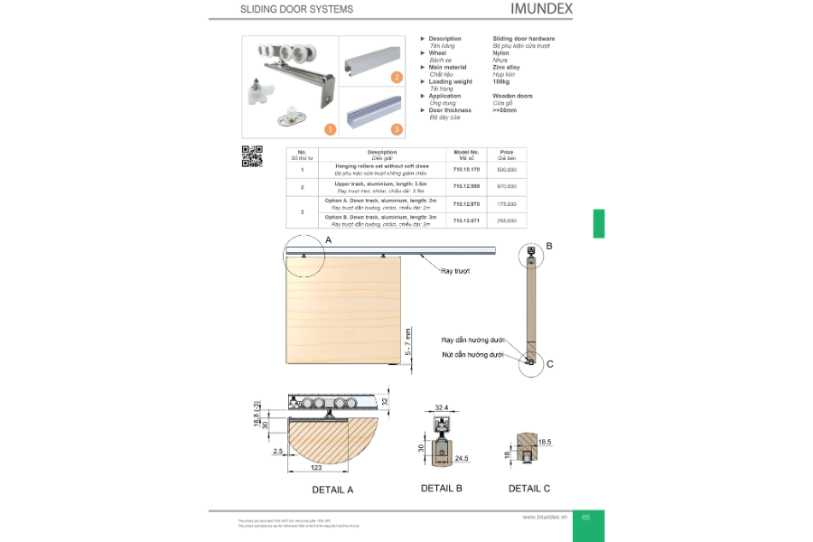 Bộ phụ kiện cửa trượt Imundex 710.10.170 100kg