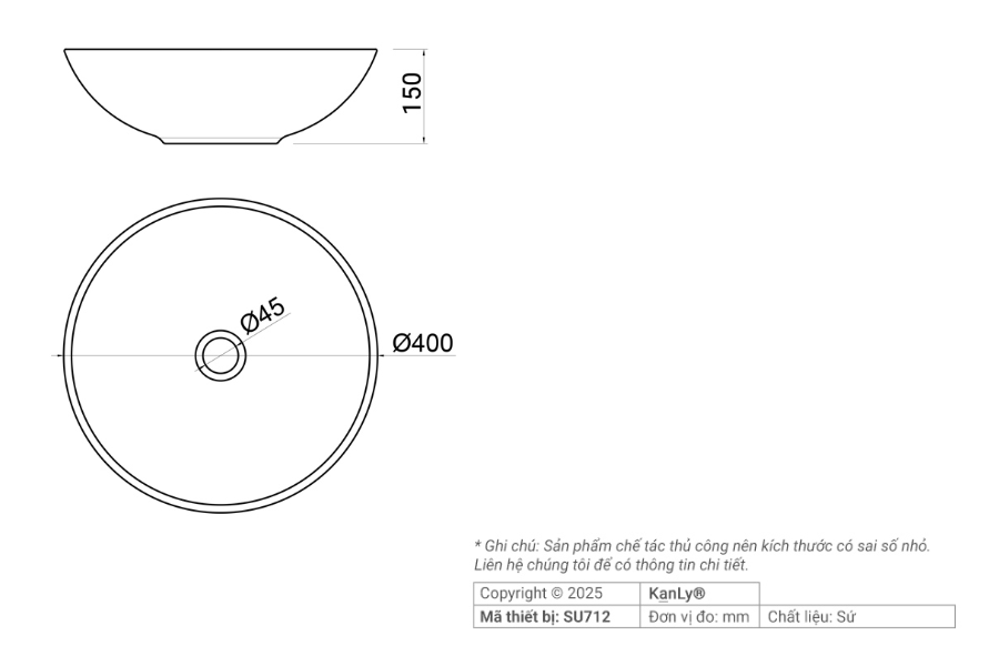 Chậu lavabo Kanly SU712 sứ mỹ thuật