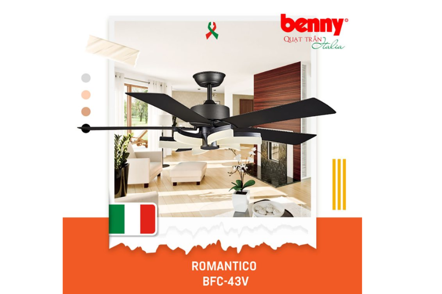 Quạt trần Benny BF-C43V 5 cánh Romantico màu vân gỗ có đèn