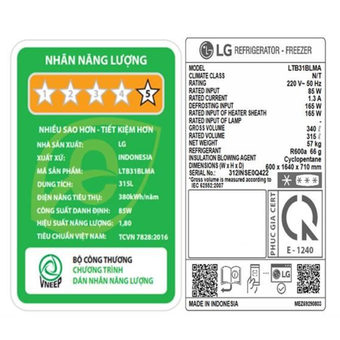 Tủ lạnh LG LTB31BLMA ngăn đá trên 315L