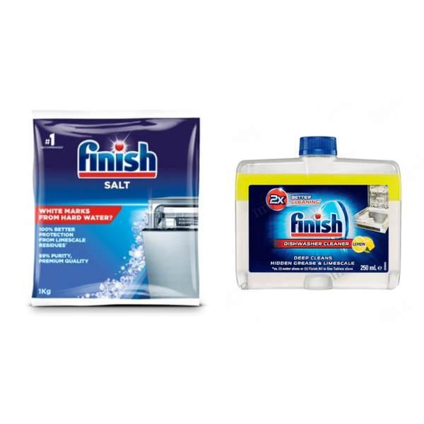 Combo muối rửa bát Finish 1kg 11511R và nước vệ sinh lồng máy rửa chén Finish FVVS250