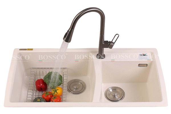 Chậu rửa chén Bossco BC-E10050TKS 2 hộc trắng kim sa