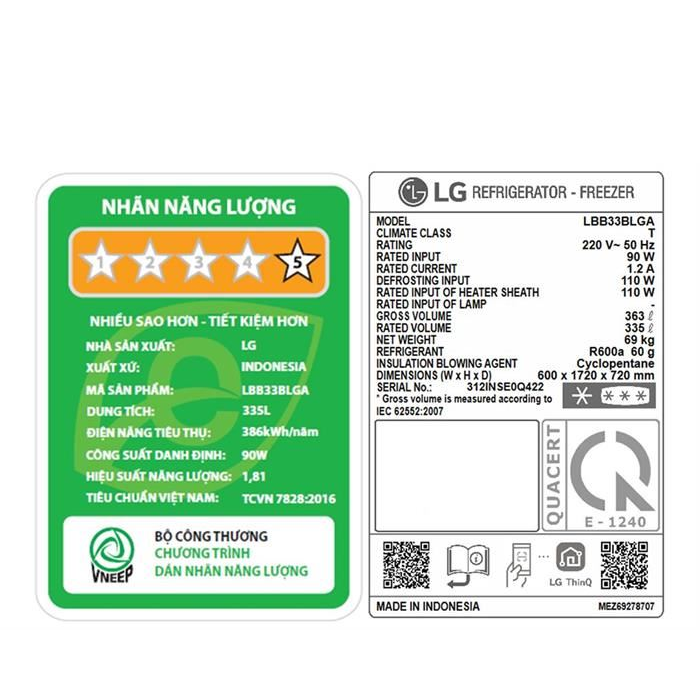 Tủ lạnh LG LBB33BLGA Inverter 335 lít