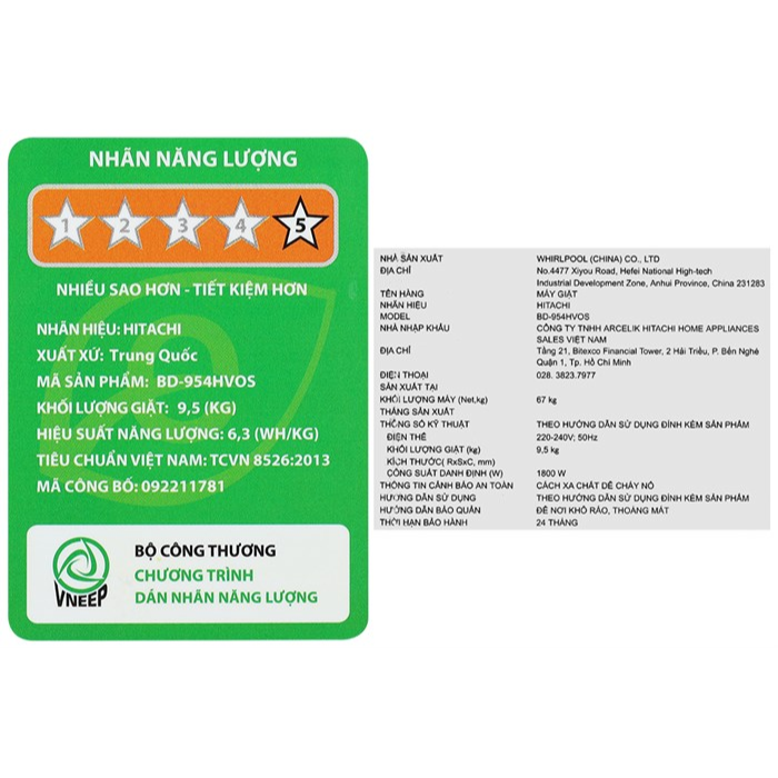 Máy giặt Hitachi BD-954HVOS inverter 9.5 kg