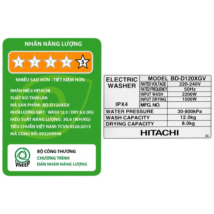 Máy giặt sấy Hitachi BD-D120XGV MAG  inverter 12 kg