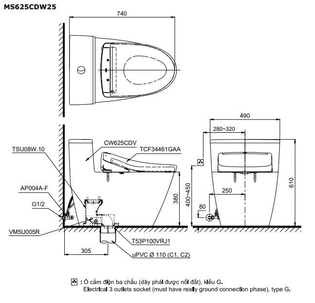 Bồn cầu một khối TOTO MS625CDW25 kèm nắp rửa điện tử WASHLET dòng S5 - TCF34461GAA
