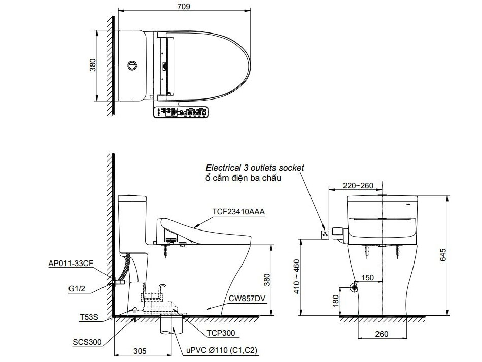Bàn cầu một khối Toto MS857DW16XW kèm nắp rửa điện tử WASHLET dòng C2