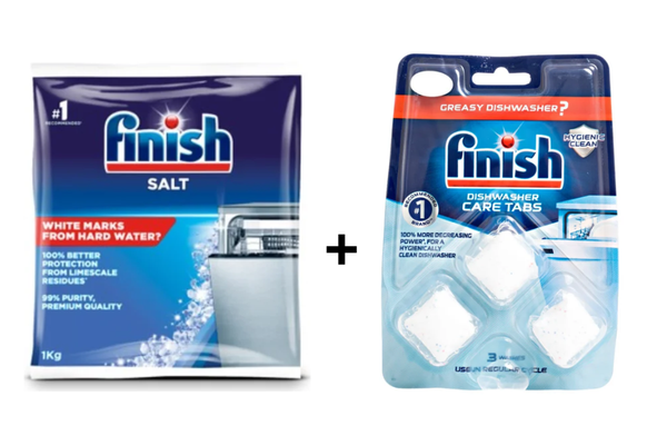 Viên vệ sinh máy rửa chén Finish vỉ 3 viên VVSM FVVS3RG + Muối rửa bát Finish túi 1kg 11511R