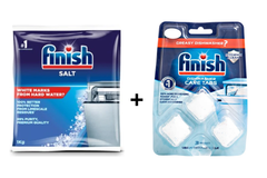Viên vệ sinh máy rửa chén Finish vỉ 3 viên VVSM FVVS3RG + Muối rửa bát Finish túi 1kg 11511R