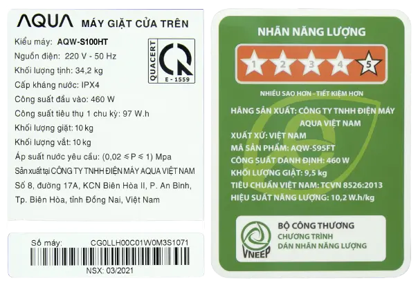 Máy giặt Aqua AQW-S100HT.S 10 kg