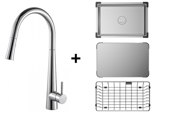 Combo vòi + chậu mini + thớt inox + rổ inox Maadela