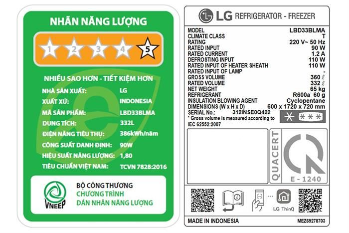 Tủ lạnh LG LBD33BLMA ngăn đá dưới 332L màu đen