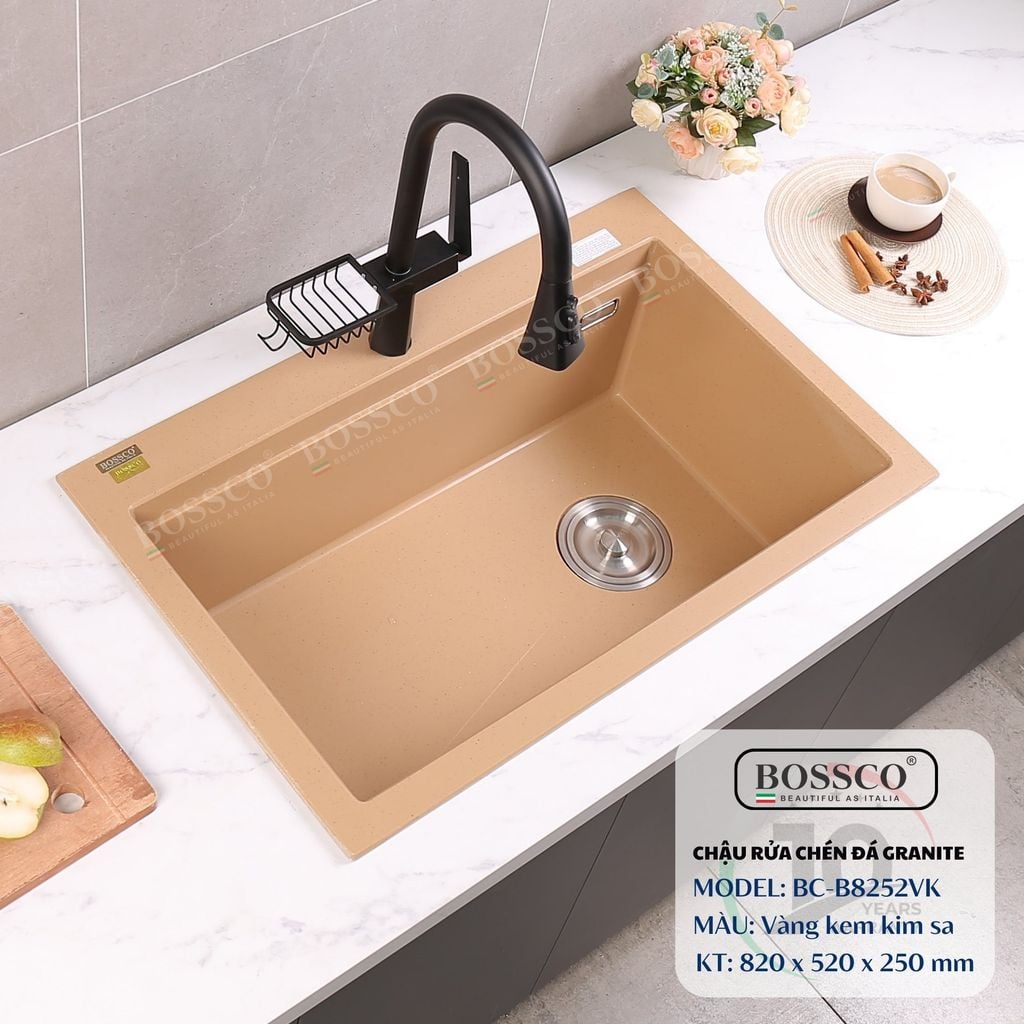 Chậu rửa chén Bossco BC-B8252VK 1 hộc vàng kem kim sa