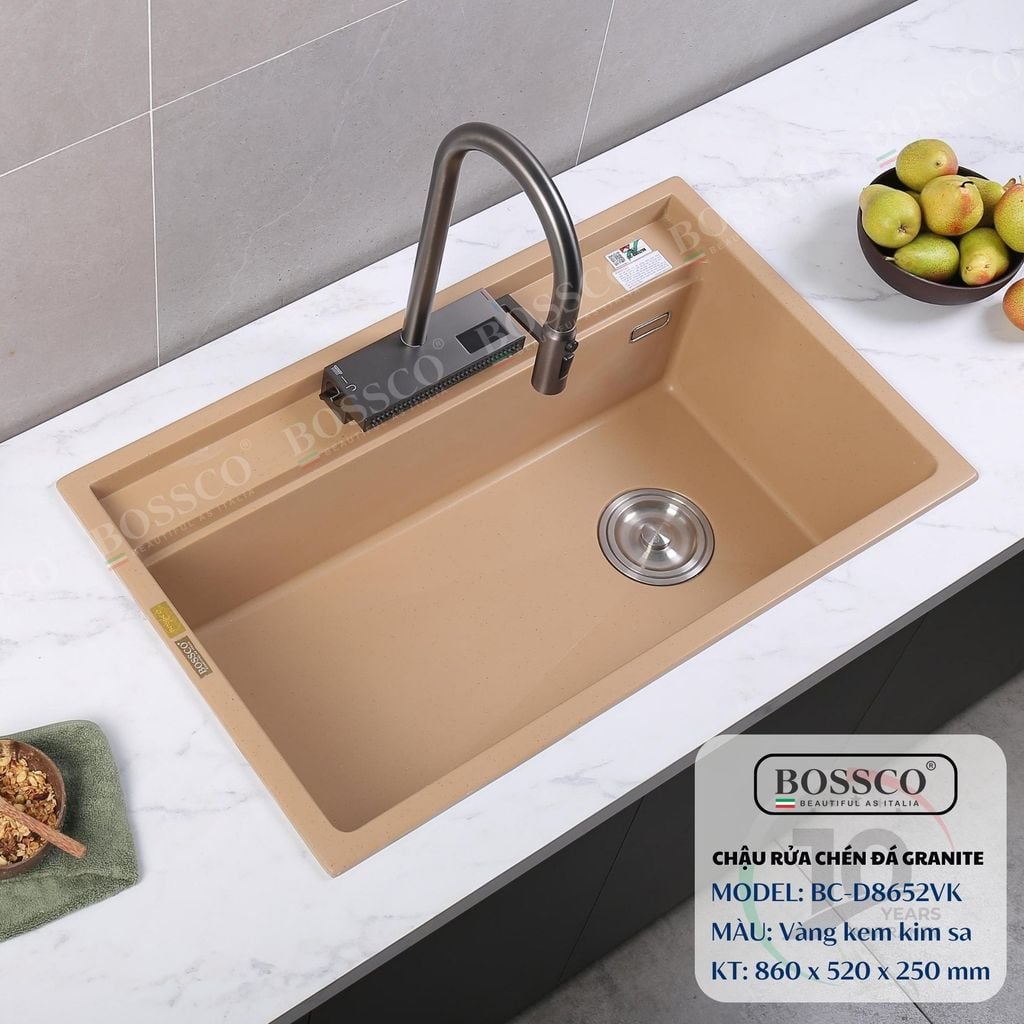 Chậu rửa chén Bossco BC-D8652VK 1 hộc vàng kem kim sa