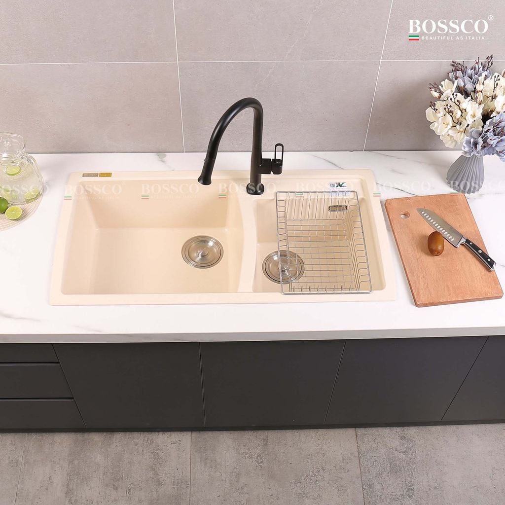 Chậu rửa chén Bossco BC-E10050KKS 2 hộc kem kim sa