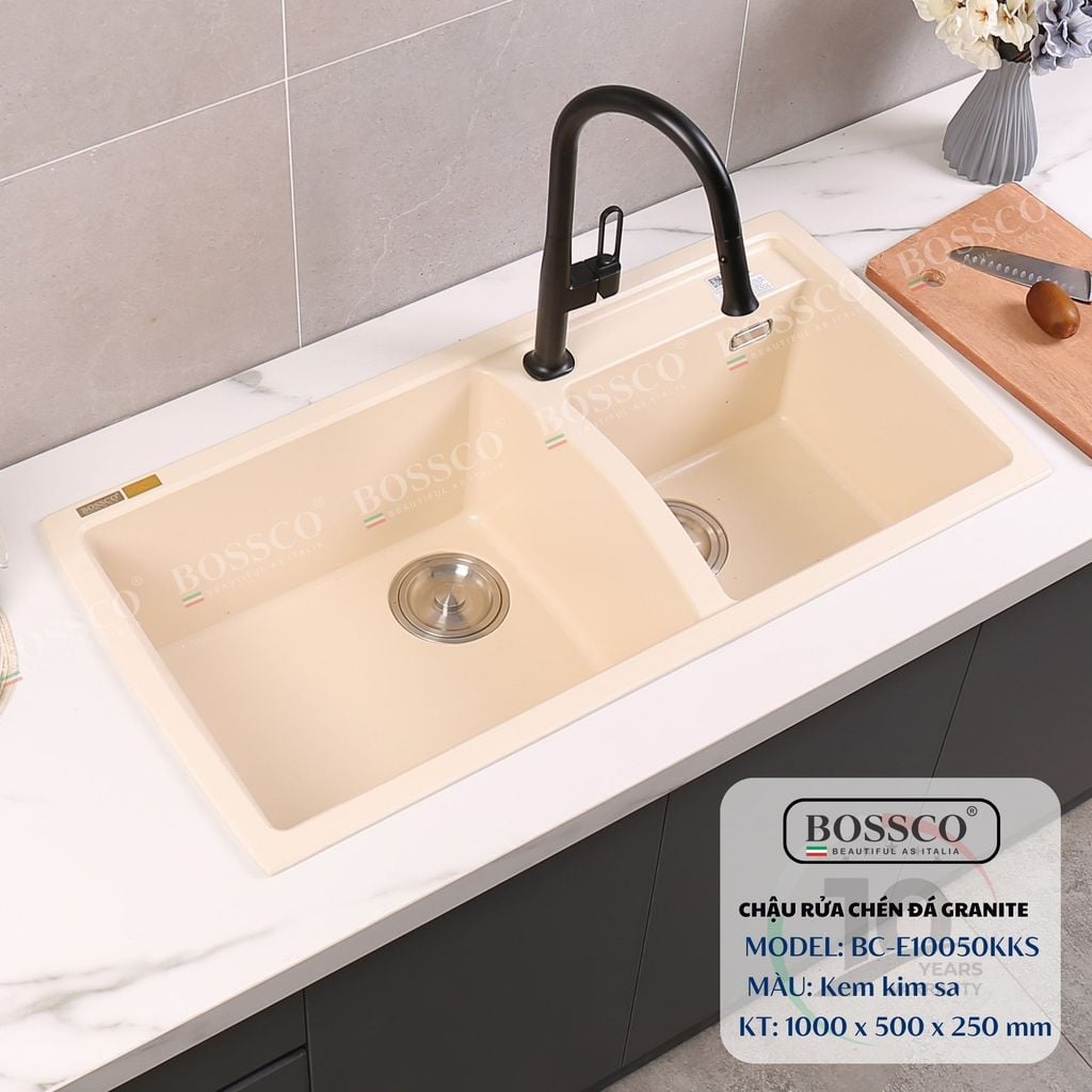Chậu rửa chén Bossco BC-E10050KKS 2 hộc kem kim sa