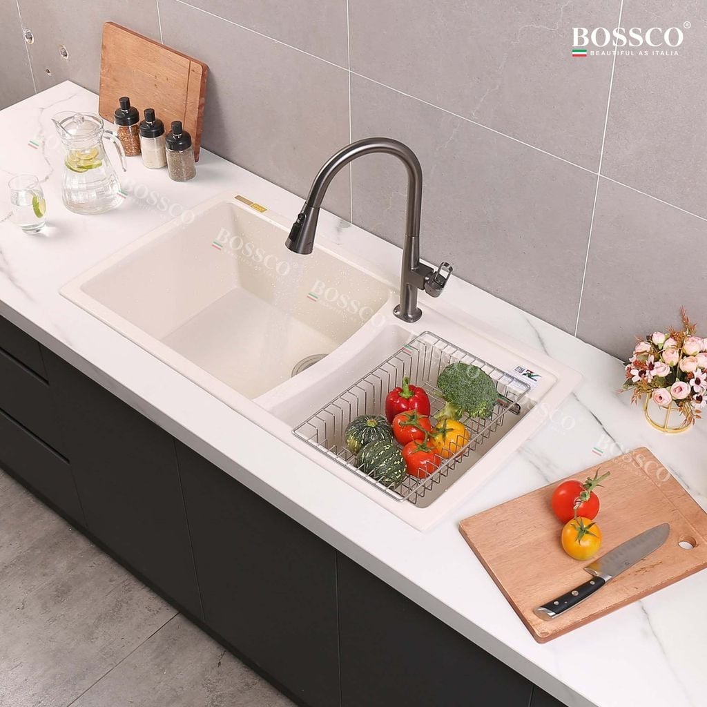Chậu rửa chén Bossco BC-E10050TKS 2 hộc trắng kim sa