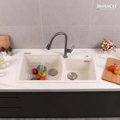 Chậu rửa chén Bossco BC-E10050TKS 2 hộc trắng kim sa