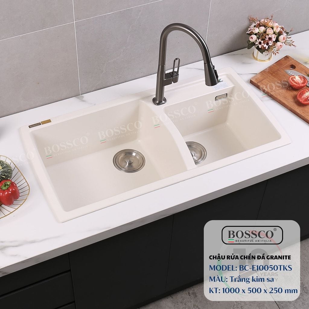 Chậu rửa chén Bossco BC-E10050TKS 2 hộc trắng kim sa