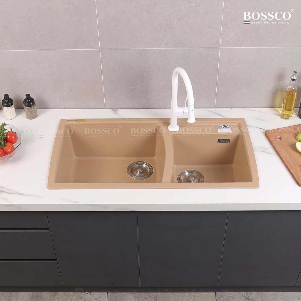Chậu rửa chén Bossco BC-E10050VK 2 hộc vàng kem kim sa