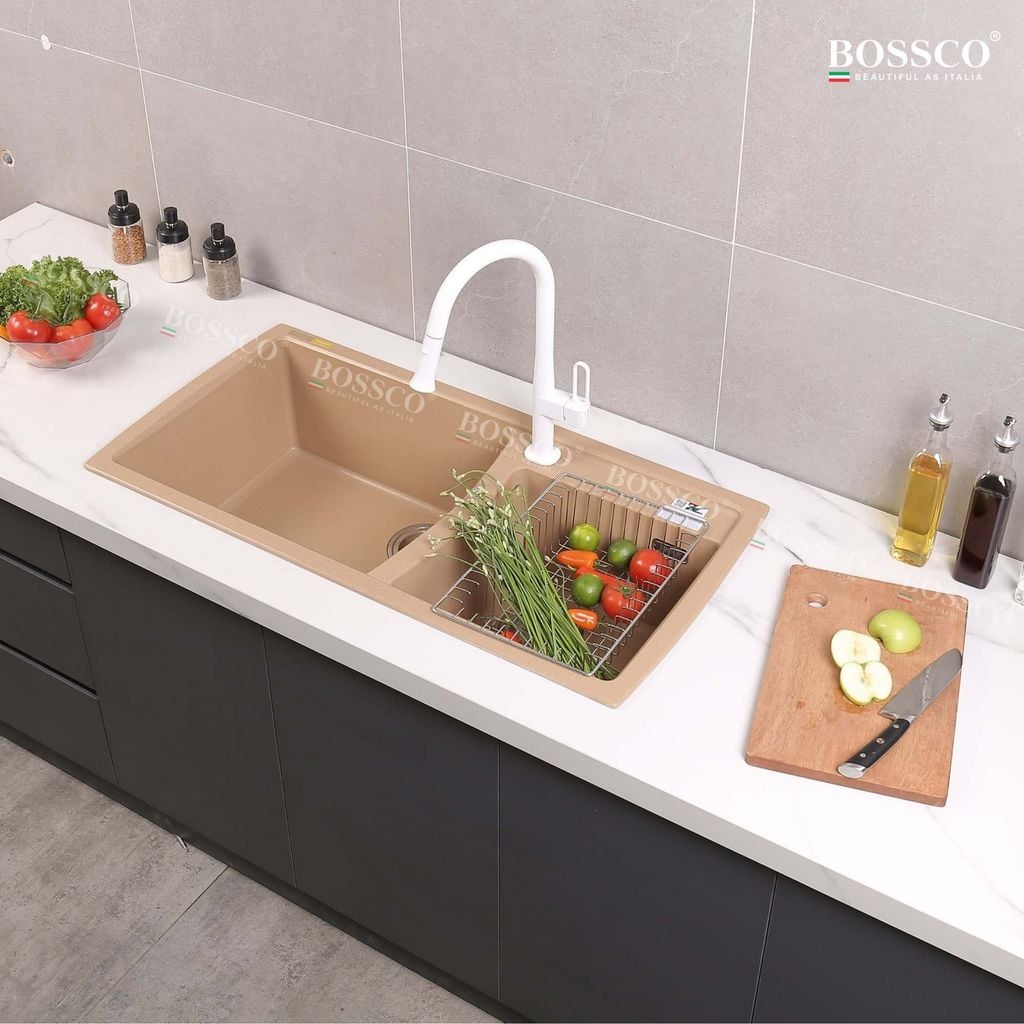 Chậu rửa chén Bossco BC-E10050VK 2 hộc vàng kem kim sa